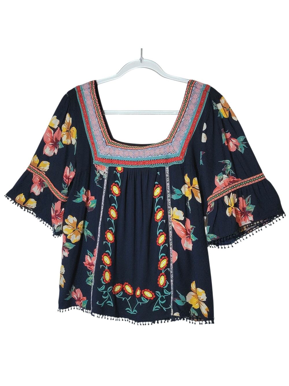 Anthropologie Dakota Embroidered Floral Square Neck Top Bell Sleeve Blue Boho M